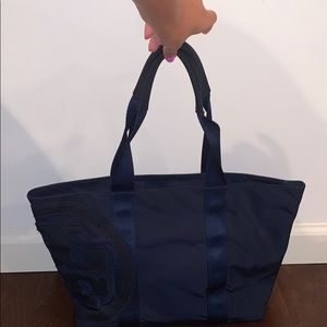 Tory Burch Blue Penn Nylon Logo Zip Tote Bag